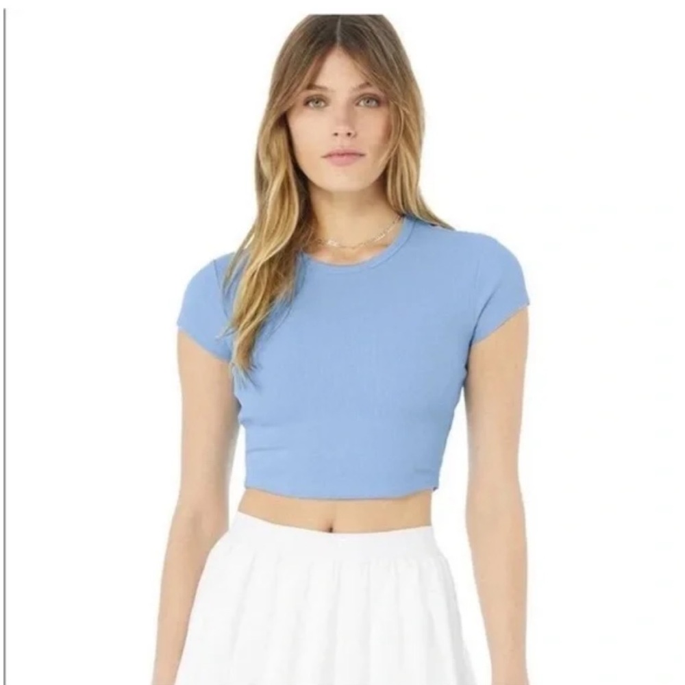 Alo Yoga Ribbed Short Sleeve Crop Top – Blue Skies S 🩵 Rare Color - Picture 5 of 6